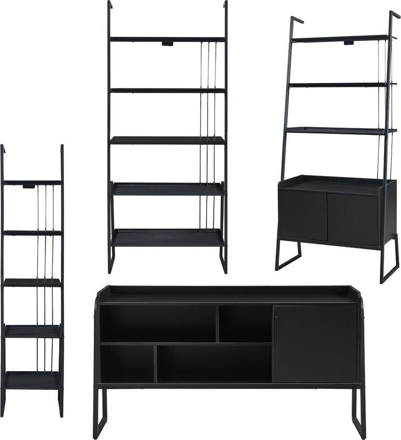 En.casa 4-delige meubelset Storfjord staand rek TV meubel open kasten zwart set 3 [ ]