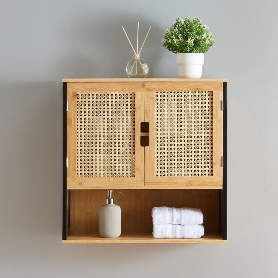 En.casa Badkamerkast Tervola zwevend 60x60x20 cm zwart naturel en rotan look [ ]