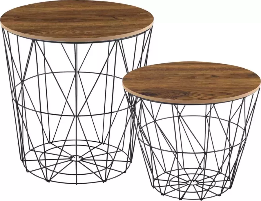 En.casa Bijzettafel 2 stuks set met afneembaar tafelblad zwart en eiken