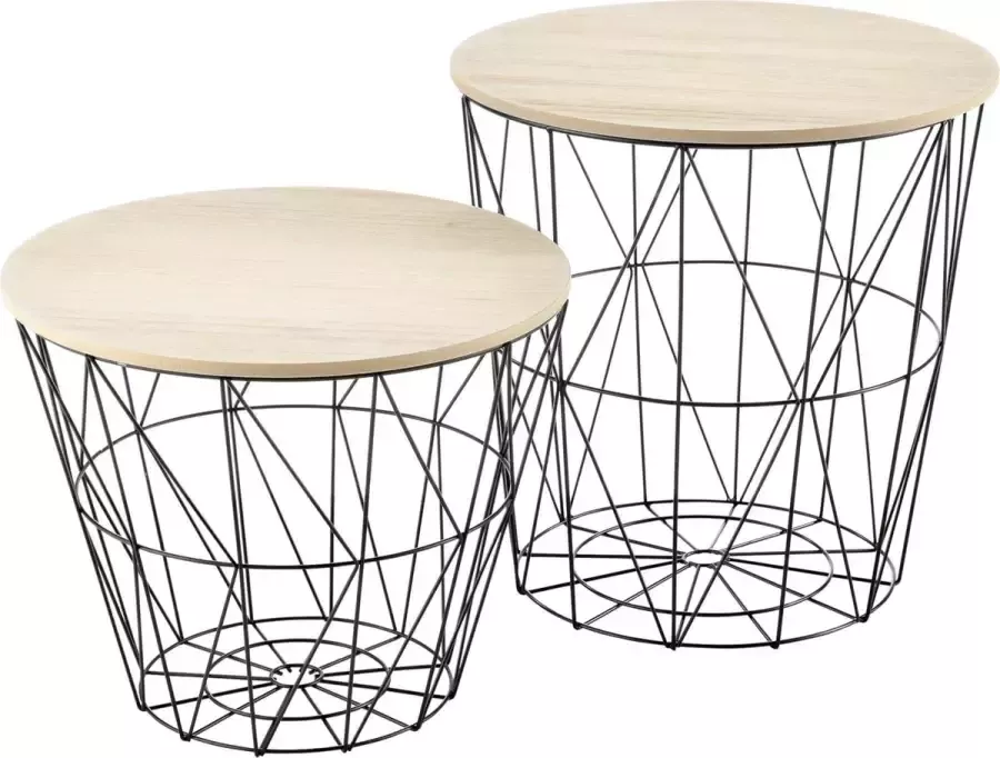 En.casa Bijzettafel 2 stuks set met afneembaar tafelblad zwart en hout