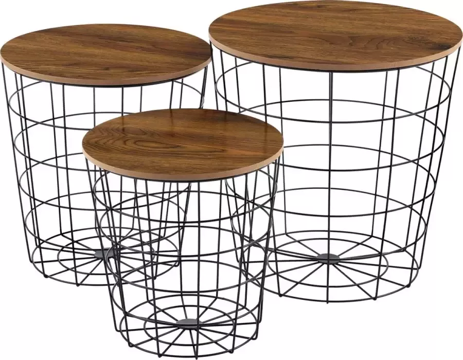 En.casa Bijzettafel 3 stuks set met afneembaar tafelblad zwart en eiken