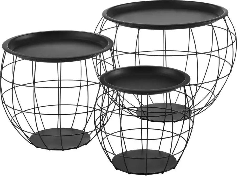 En.casa Bijzettafel met afneembaar tafelblad 3 stuks set zwart