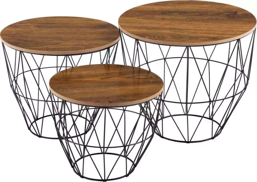 En.casa Bijzettafel met afneembaar tafelblad 3 stuks set zwart en eiken