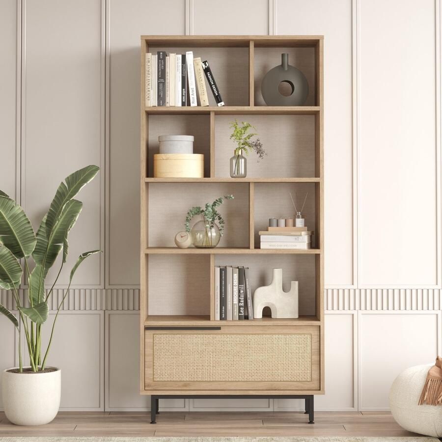 En.casa Boekenkast Kvænangen 175 5x84x29 5 cm eiken rotan look zwart [ ]