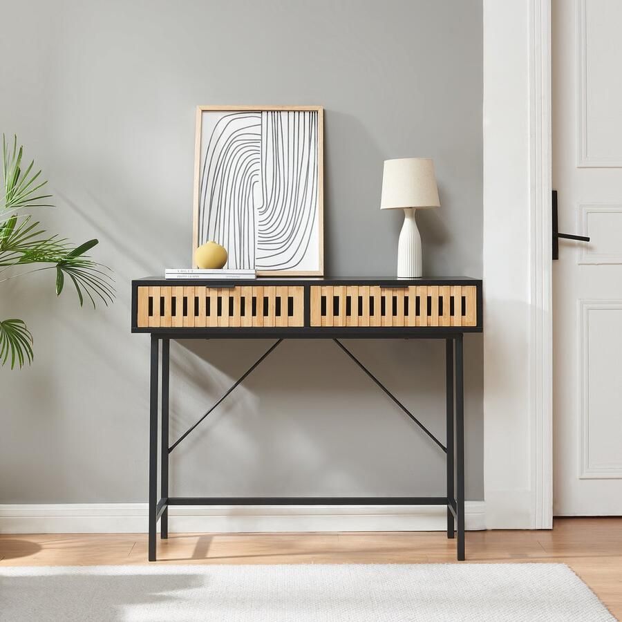 En.casa Consoletafel Luniehti met 2 lades zwart en naturel 100x40x75 cm [ ]