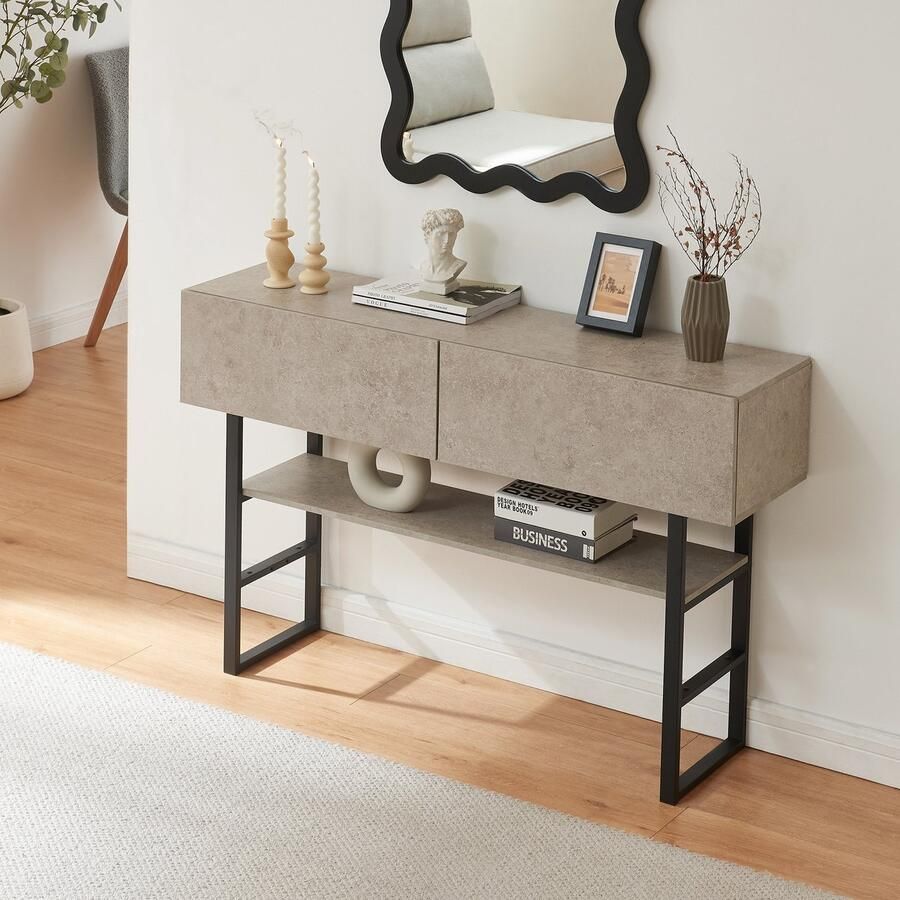 En.casa Consoletafel Varberg 120x30x75 cm betonkleurig licht en zwart [ ]