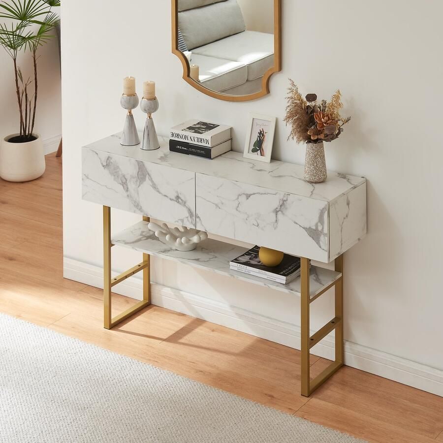 En.casa Consoletafel Varberg 120x30x75 cm marmerlook wit en goudkleurig [ ]