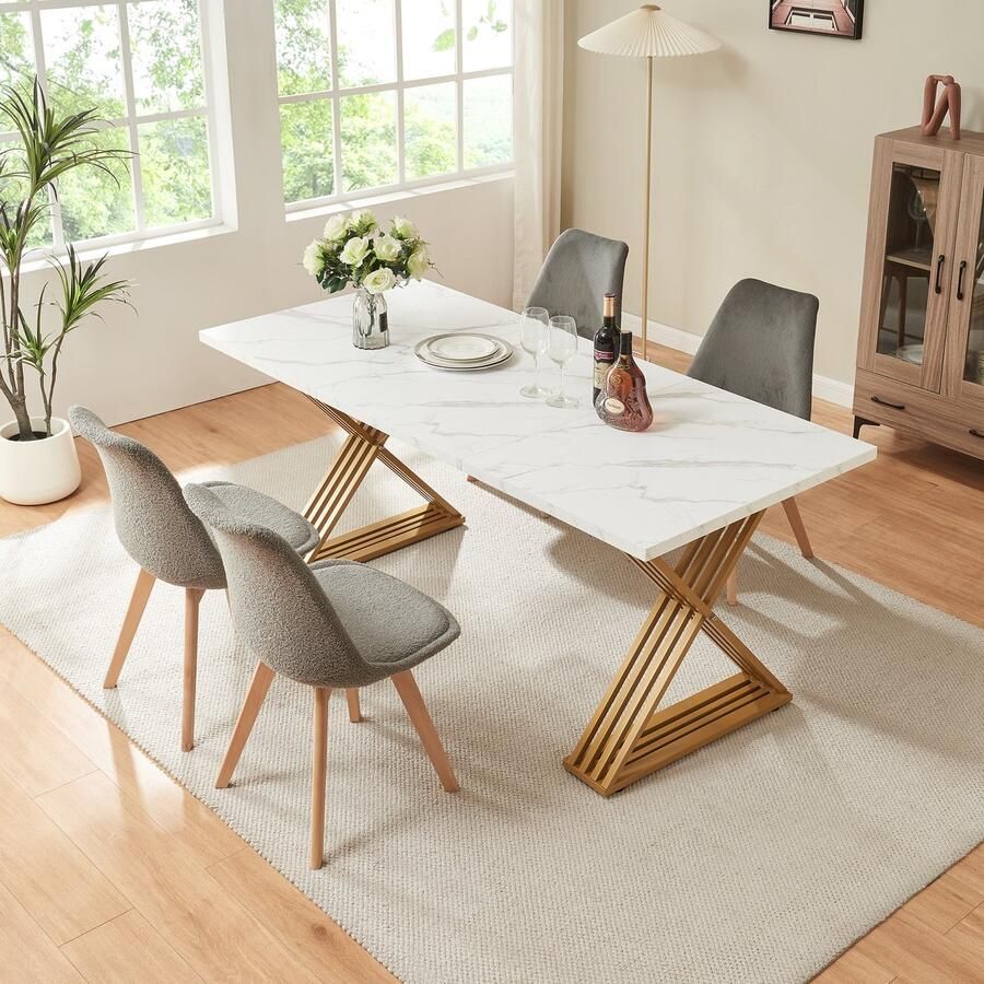 En.casa Eettafel Hujaari rechthoekig 180x80 cm goudkleurig en marmerlook wit [ ]