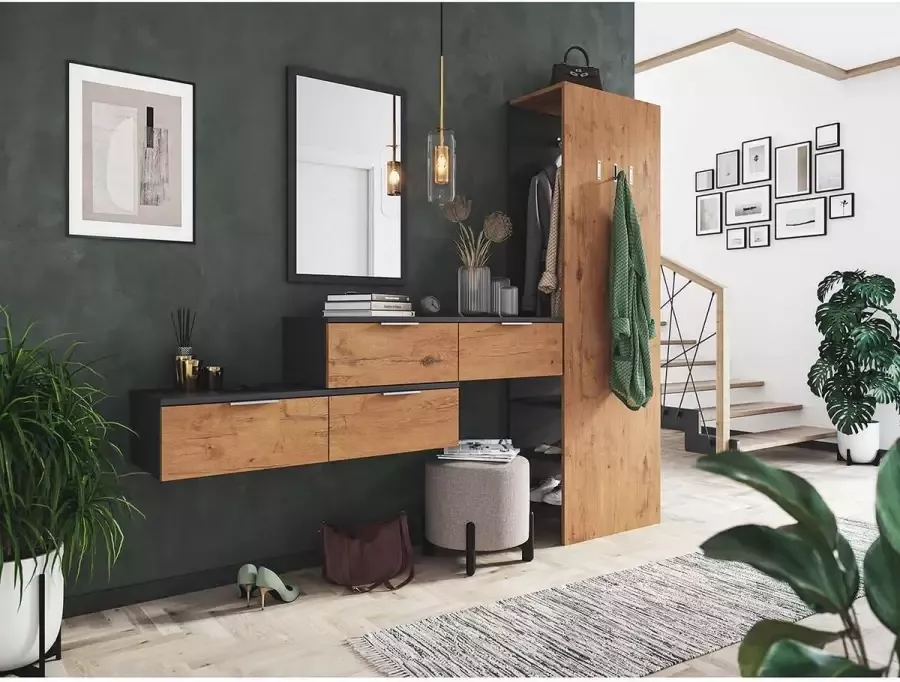 En.casa Garderobeset hal Eik -L 4-delig paneel 2 nachtkastjes Softclose spiegel B H D: 207 4x188x36 1cm