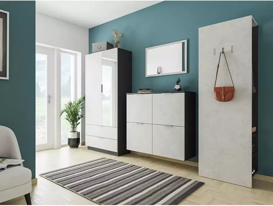 En.casa Garderobeset steen decor -L 4-delige hal kast paneel spiegel kiepbak B H D: 294 9x200x38cm