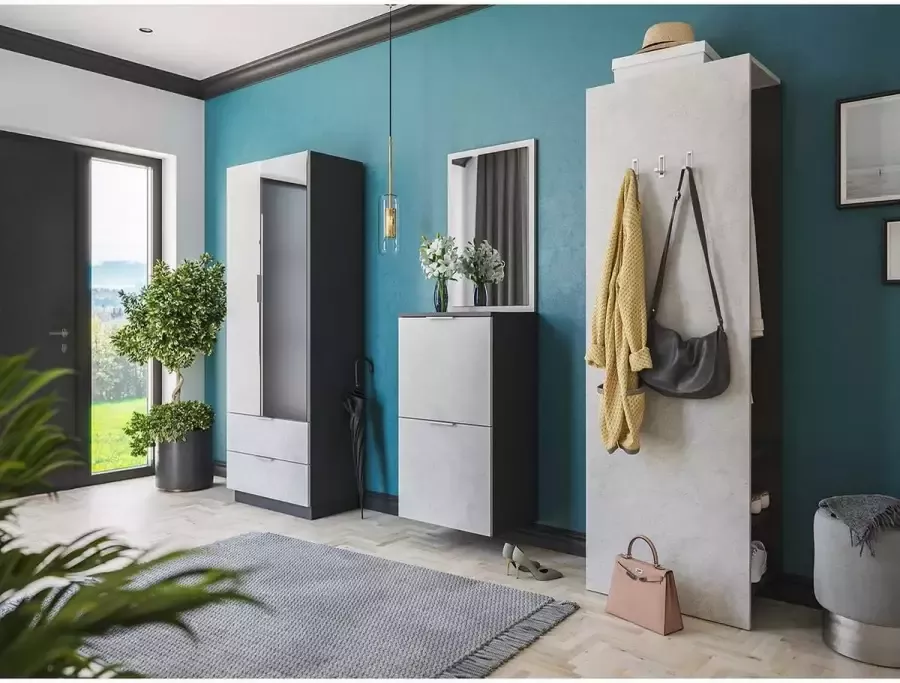 En.casa Garderobeset steen decor -M 4-delige hal kast paneel spiegel kiepbak B H D: 222 9x200x38cm