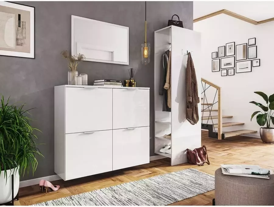En.casa Garderobeset wit hoogglans 3-delig schoenenkieppaneel spiegel B H D: 184 9x188x36 1cm