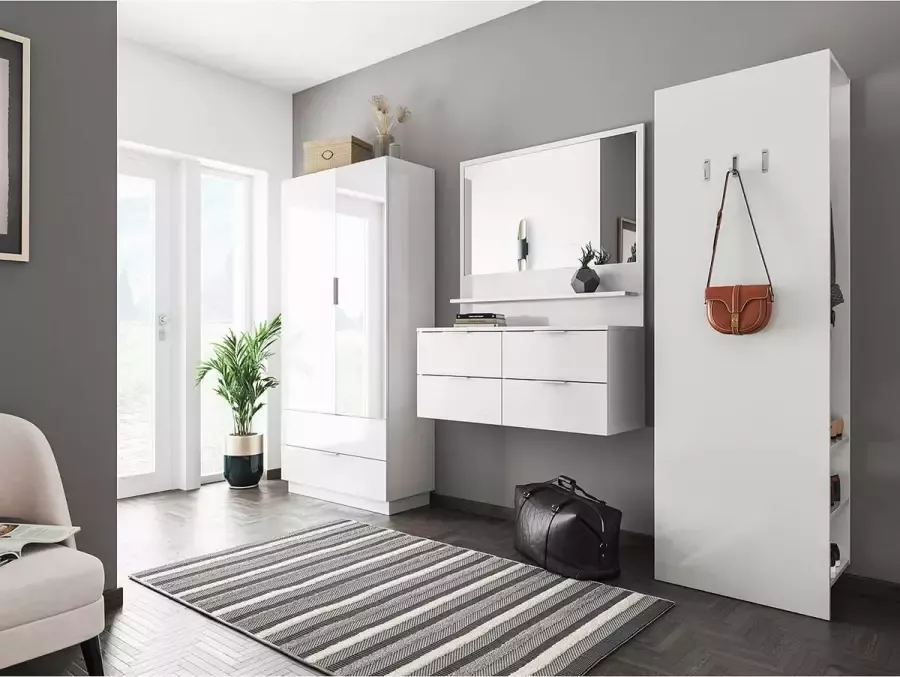 En.casa Garderobeset wit hoogglans 4-delig hal kast paneel console spiegel B H D: 294 9x188x38cm