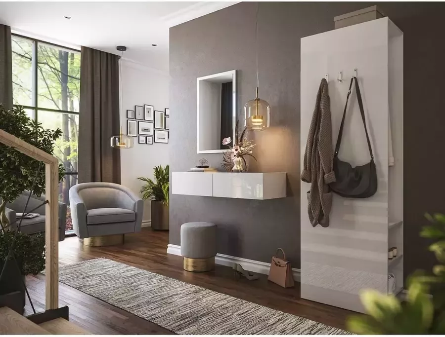 En.casa Garderobeset wit hoogglans -M 3-delig console spiegelpaneel B H D: 184 7x188x36 1cm