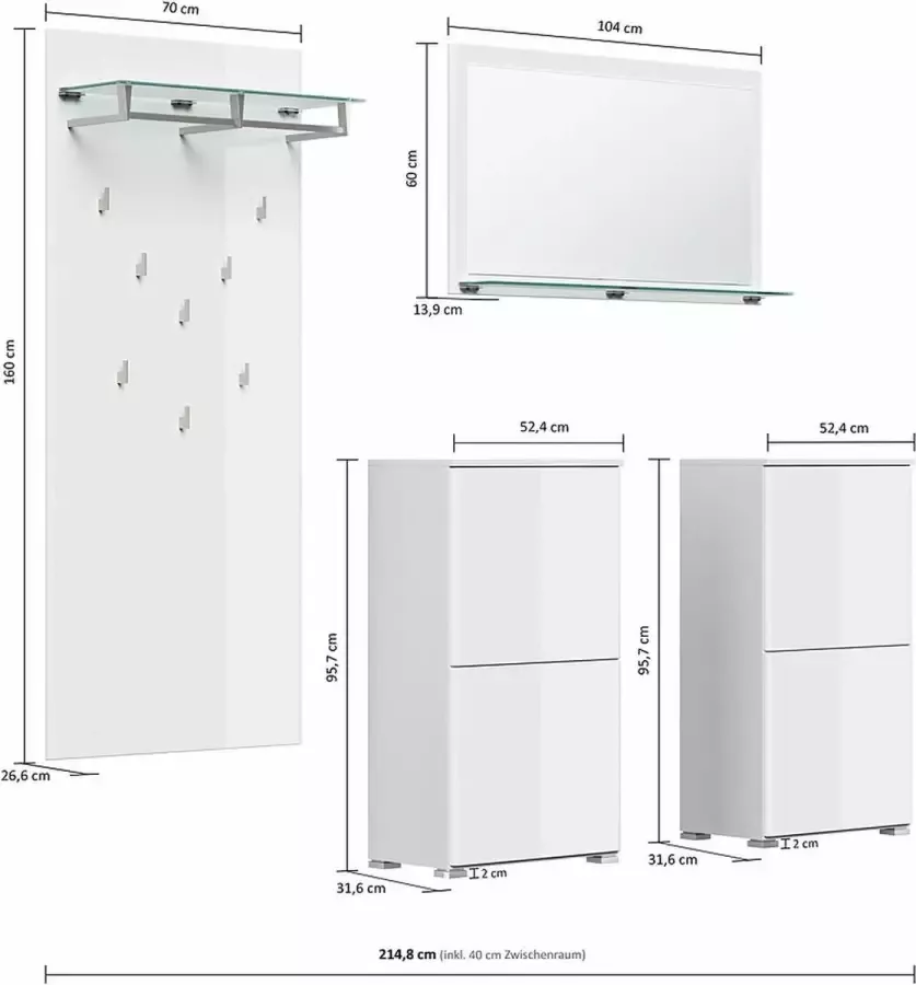 En.casa Garderobeset wit eiken afwerking 4-delige schoenenkast B H D: 194.8x200x31.6cm