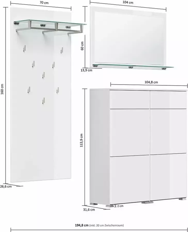 en.casa Garderobeset wit wit hoogglans 3-delige schoenenkast B H D: 194 8x200x31 6cm