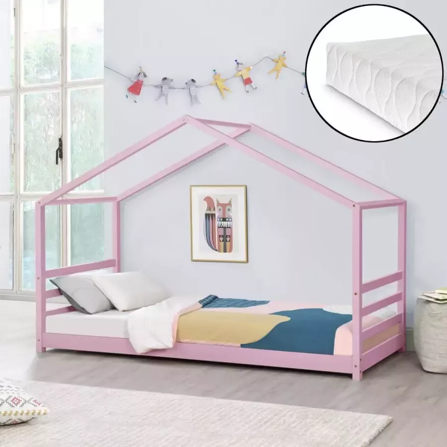 En.casa Kinderbed grenen huisbed incl. matras 90x200 cm roze