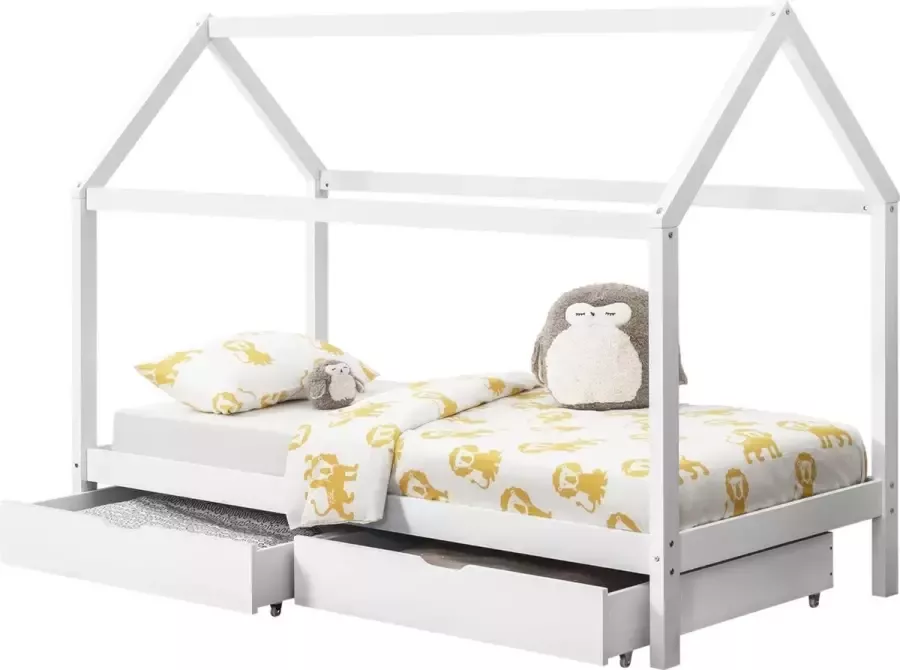 En.casa Kinderbed grenen met 2 lades huisbed 206x98x150 cm wit