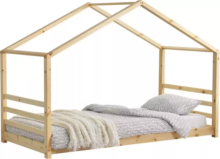 En.casa Kinderbed houten bed huisbed met bedbodem 90x200 hout