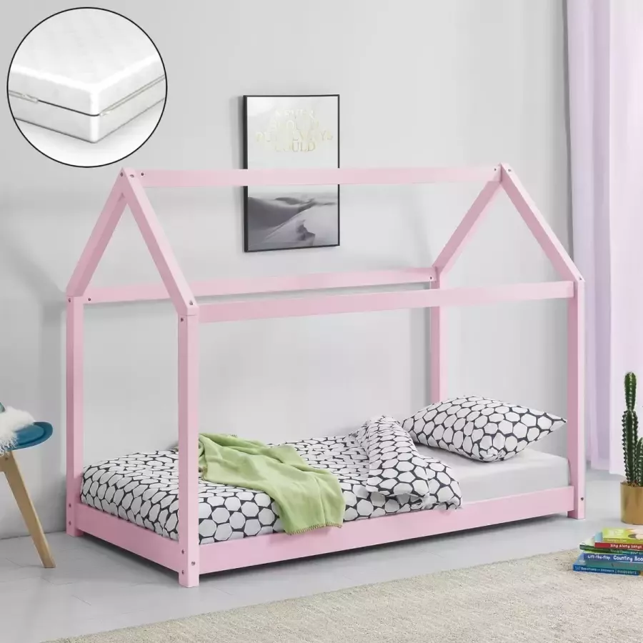 En.casa Kinderbed houten bed incl. matras huisbed 80x160 cm roze