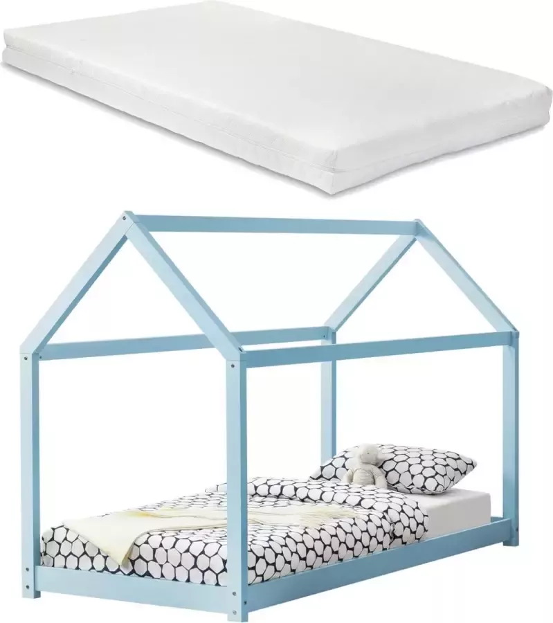 En.casa Kinderbed huisbed 200x90 met matras blauw