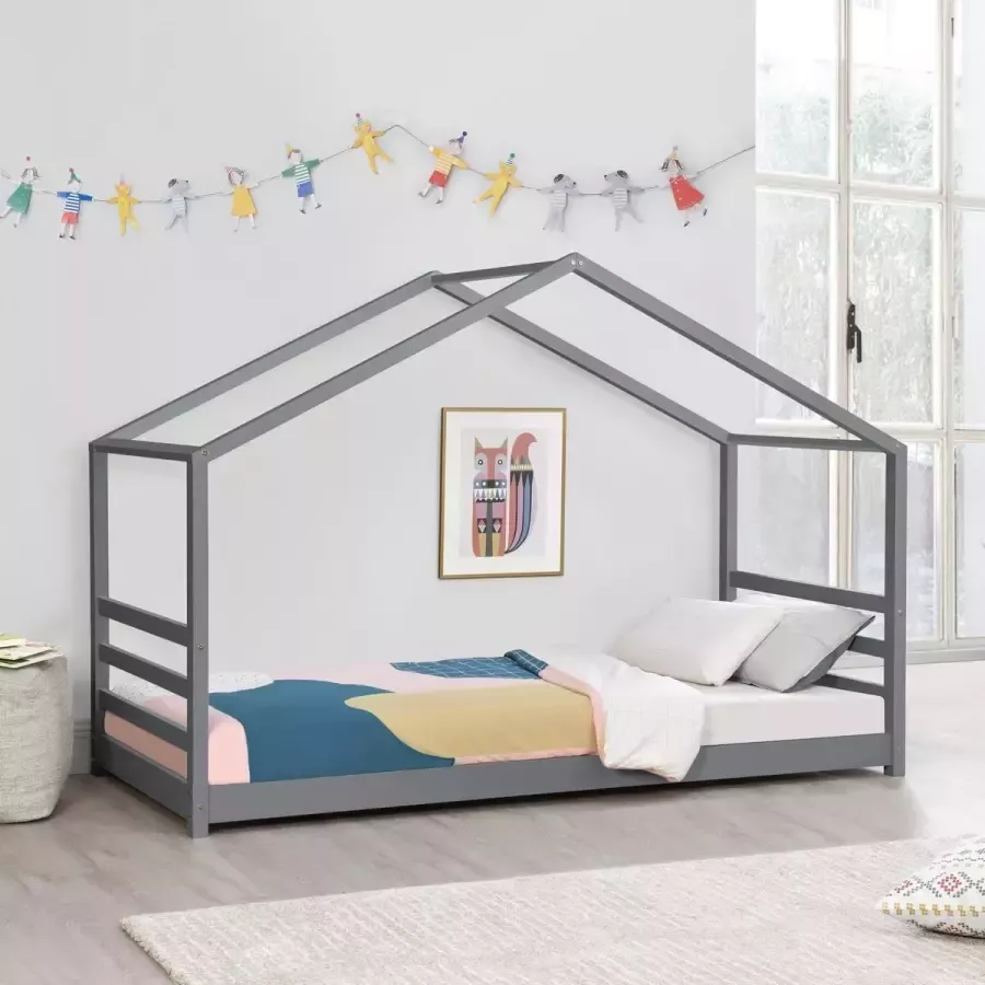 En.casa Kinderbed huisbed met bedbodem 90x200 cm donkergrijs