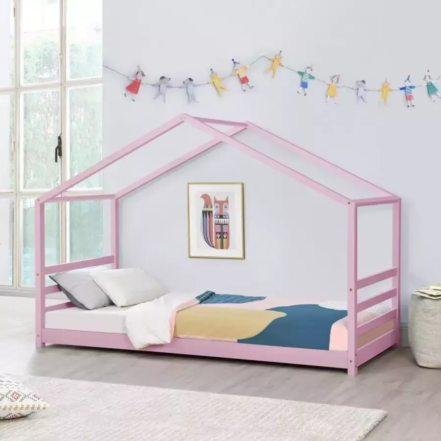 En.casa Kinderbed huisbed met bedbodem 90x200 cm roze