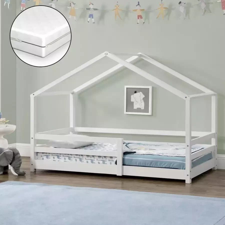 En.casa Kinderbed Knätten grenen huisbed met matras 70x140 cm wit