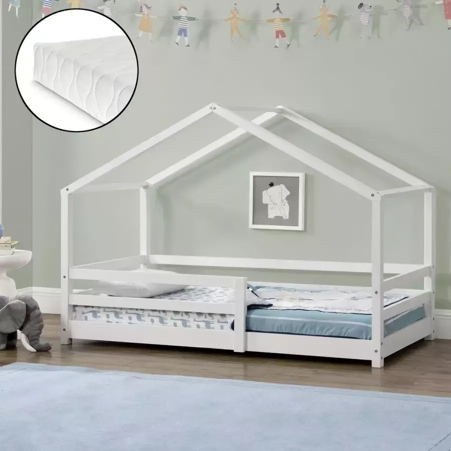 En.casa Kinderbed Knätten grenen huisbed met matras 90x200 cm wit