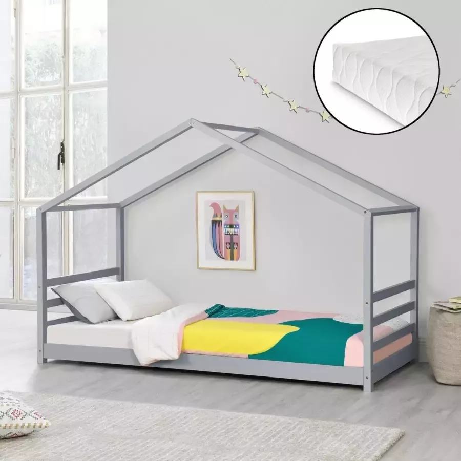 En.casa Kinderbed met bedbodem en matras huisbed 90x200 cm grijs