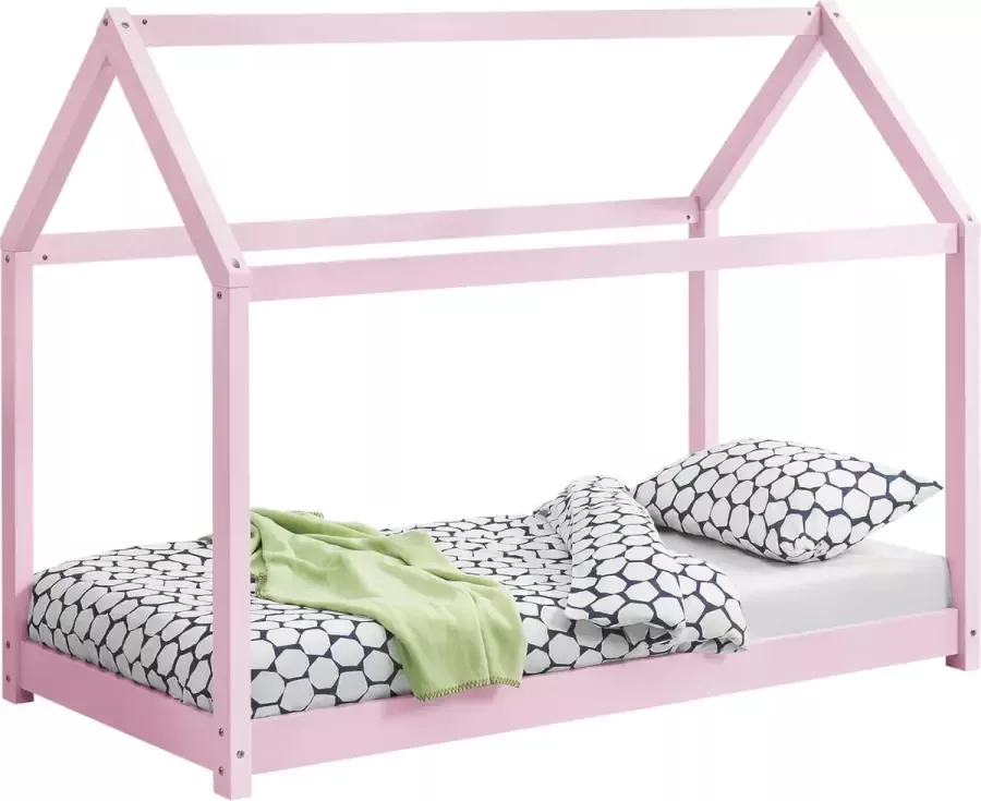 En.casa Kinderbed Netstal houten bed grenen huisbed 80x160 cm roze