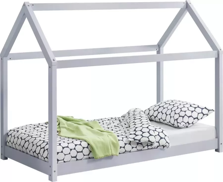 En.casa Kinderbed Netstal houten bed huisbed 70x140 cm lichtgrijs