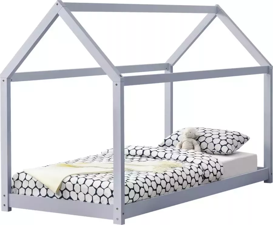 En.casa Kinderbed Netstal houten bed huisbed 90x200 cm lichtgrijs