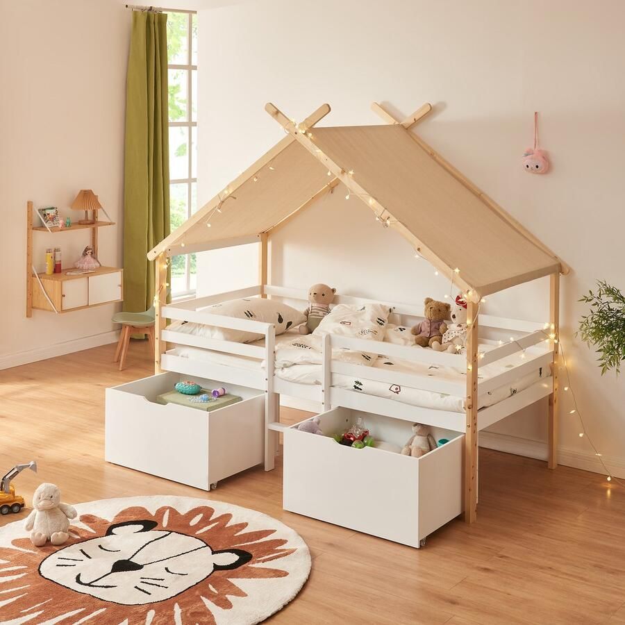 En.casa Kinderbed Surnadal Huisbed met dak 2 lades en trapje 200x90 cm wit en naturel [ ]