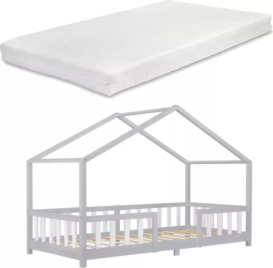 En.casa Kinderbed Treviolo met matras 90x200 cm lichtgrijs en wit