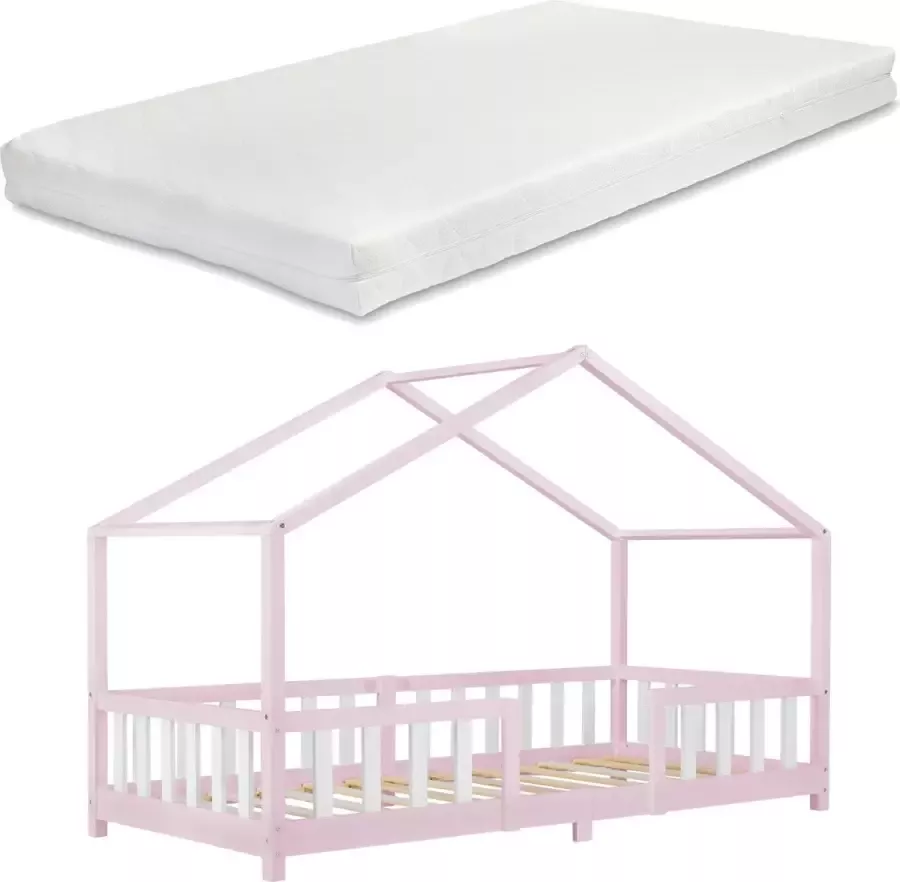 En.casa Kinderbed Treviolo met matras 90x200 cm roze en wit