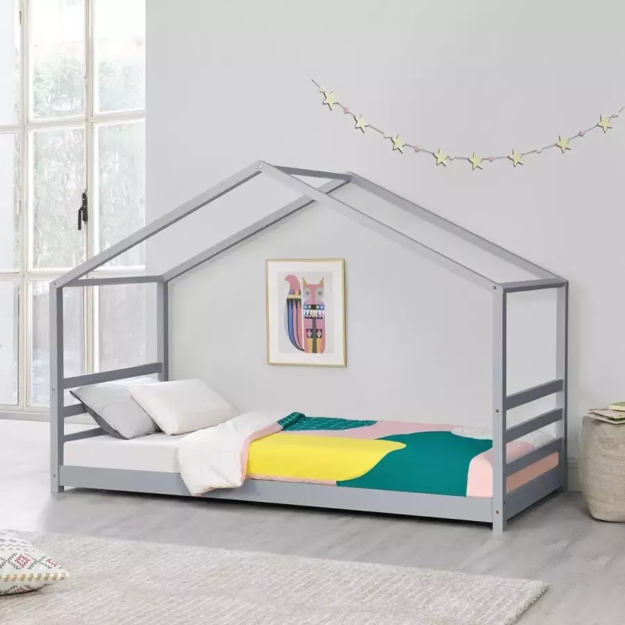 En.casa Kinderbed Vardo grenen huisbed en bedbodem 90x200 grijs