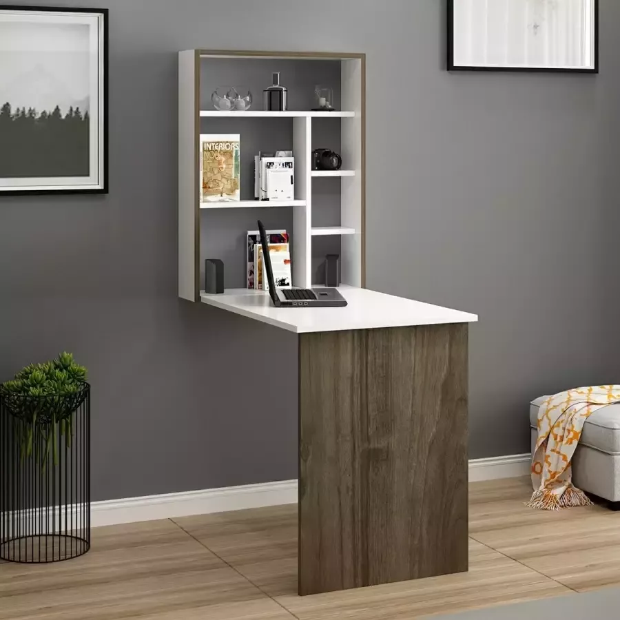 En.casa Klaptafel voor wandmontage Greve wit en walnootkleurig