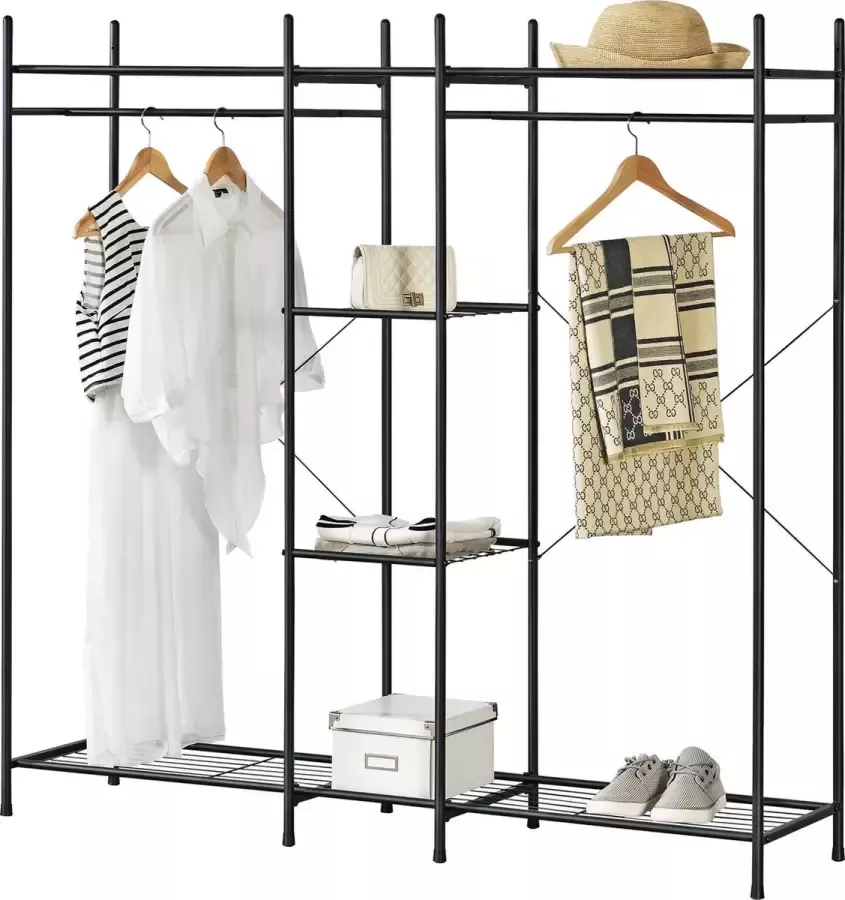 En.casa Kledingkast open kast zwart 4 planken 2 kapstokken 150x150x40 cm