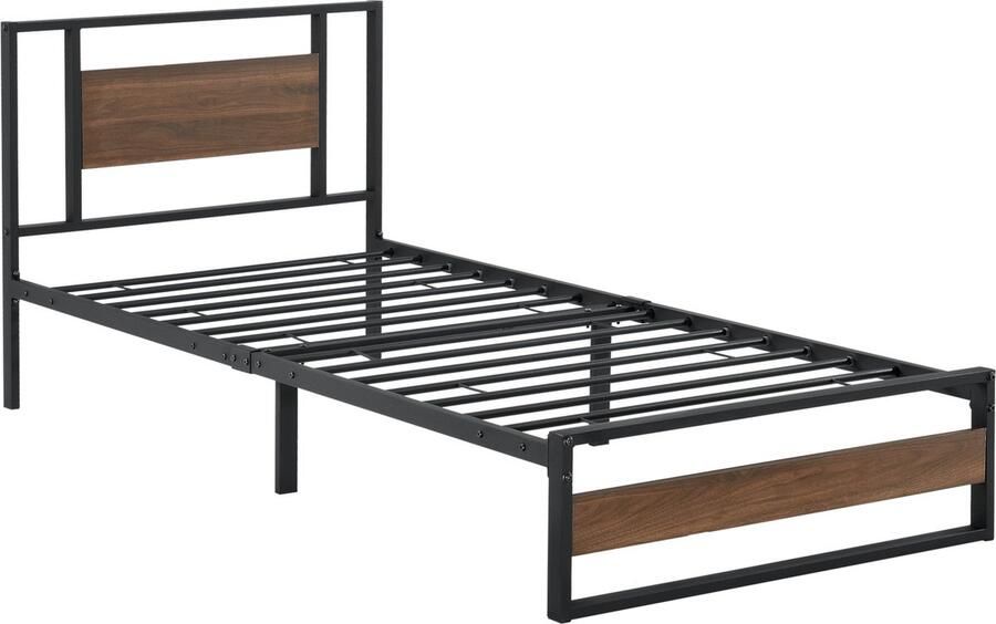En.casa Metalen bed Villach bedframe 90x200 cm zwart en walnootkleurig