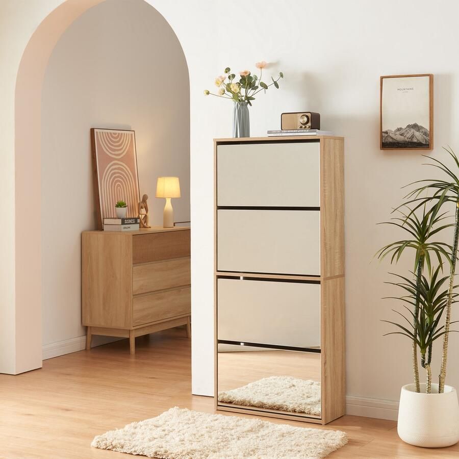 En.casa Schoenenkast Lund met 4 kleppen spiegeldeuren eikenkleurig 134x60x24 cm [ ]