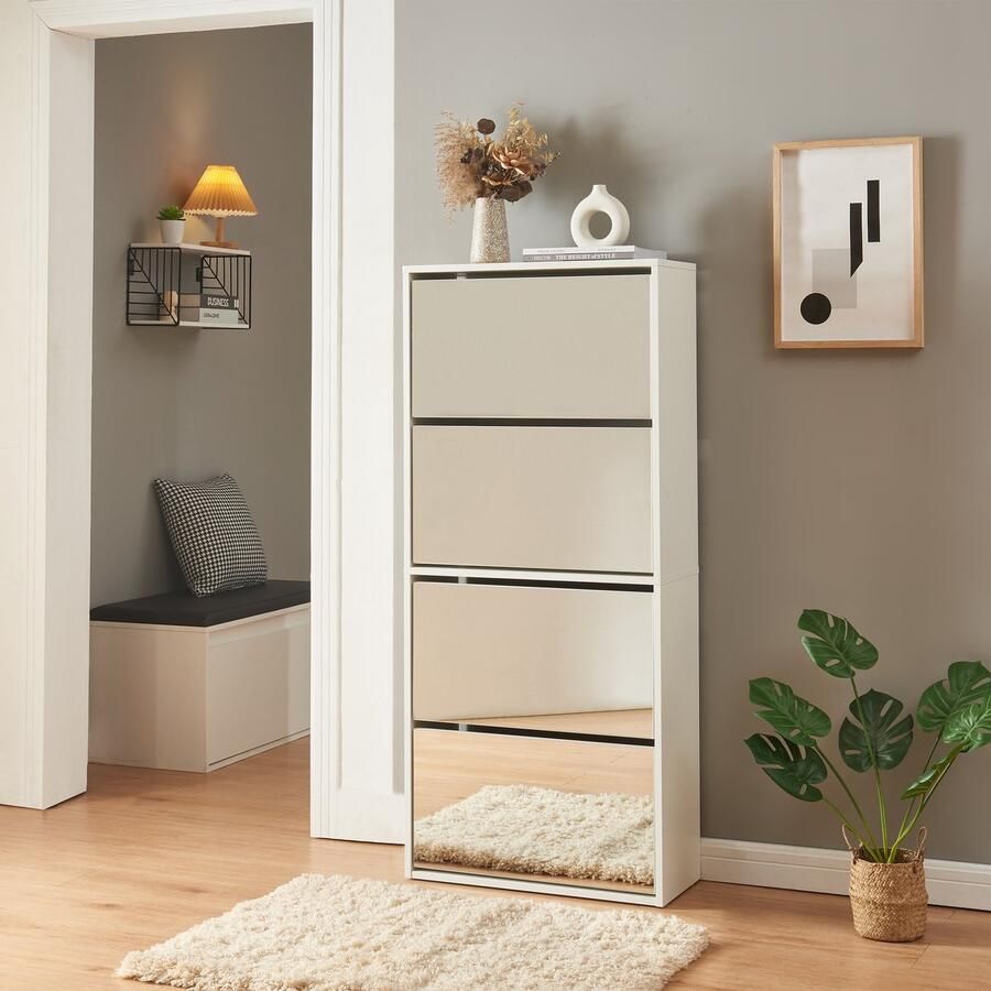 En.casa Schoenenkast Lund met 4 kleppen spiegeldeuren wit 134x60x24 cm [ ]