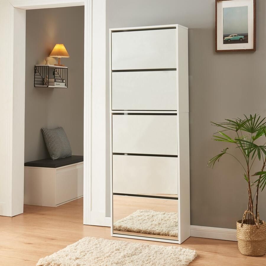 En.casa Schoenenkast Lund met 5 kleppen spiegeldeuren wit 169x60x24 cm [ ]