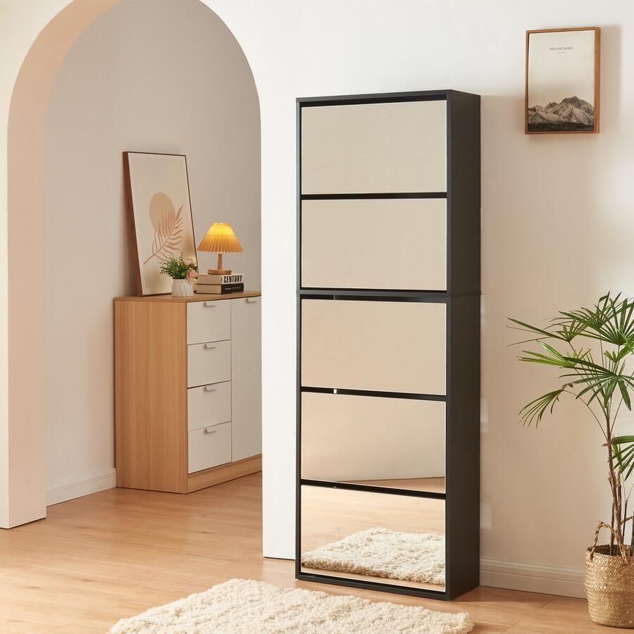En.casa Schoenenkast Lund met 5 kleppen spiegeldeuren zwart 169x60x24 cm [ ]