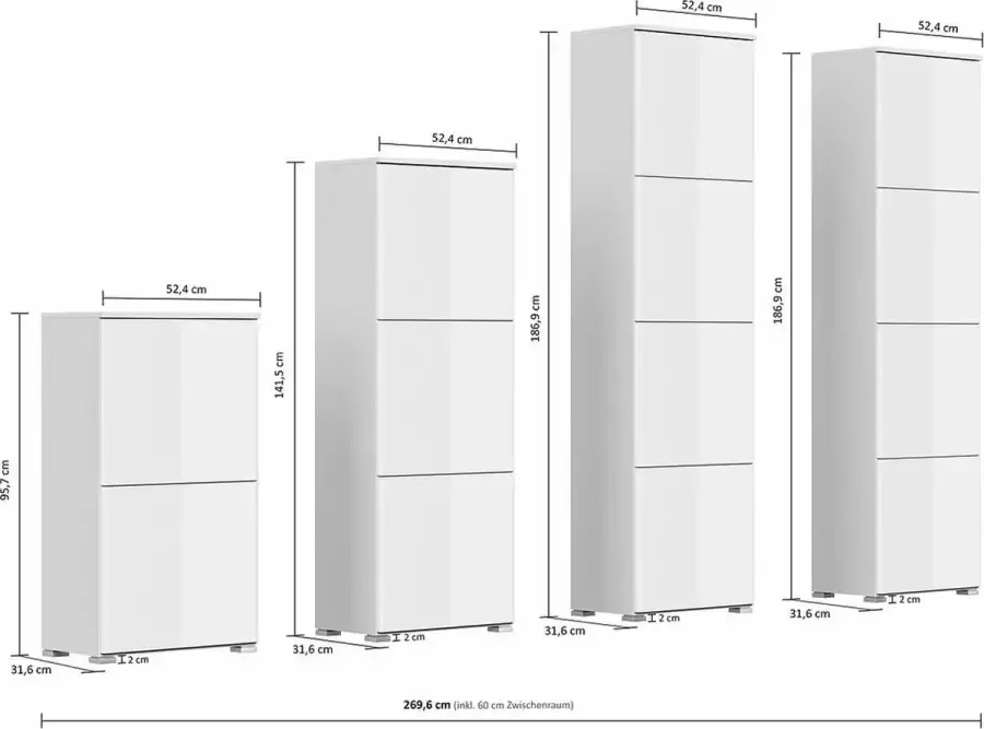 En.casa Schoenenkast Modern set wit eiken touch-up 4-delig B H D: 209 6x187x33 1cm