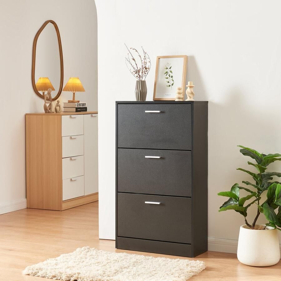 En.casa Schoenenkast Sykkylven 3 kleppen zwart 103x60x24 cm [ ]