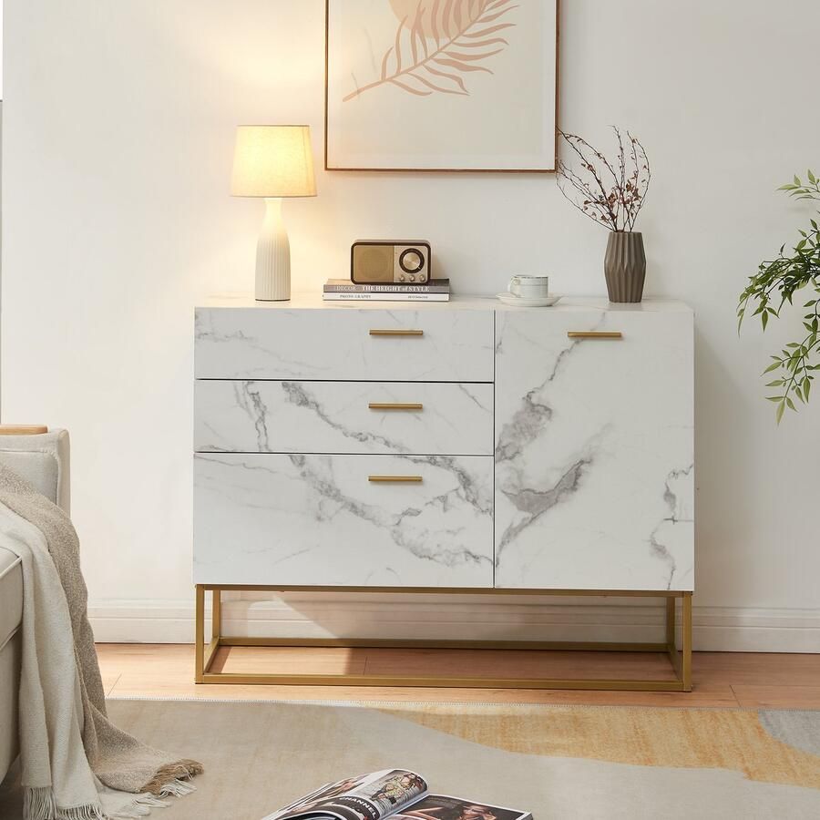 En.casa Sideboard Lavangen commode 75x100x35 cm marmerlook wit en goudkleurig [ ]