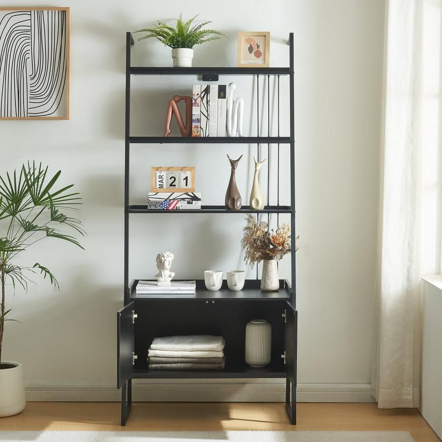 En.casa Staand rek Storfjord ladderplank met kast 183 5x80x40 cm zwart [ ]