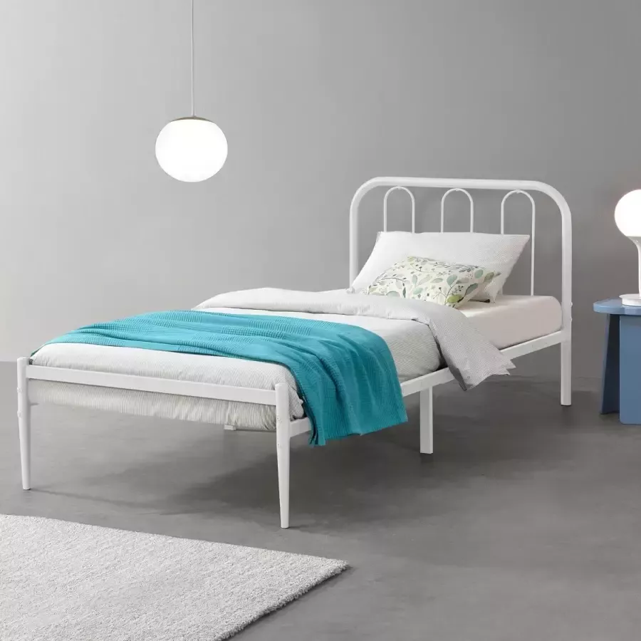 En.casa Stalen bed Hanko bedframe met bedbodem 90x200 cm wit