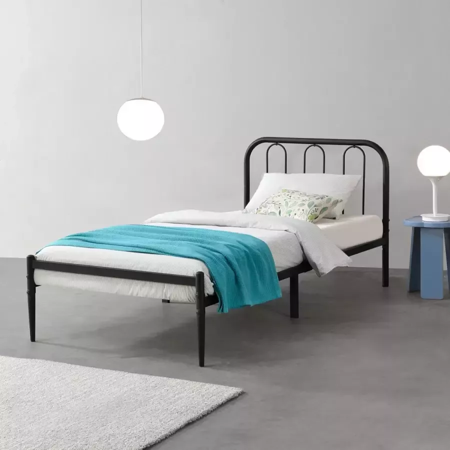 En.casa Stalen bed Hanko bedframe met bedbodem 90x200 cm zwart